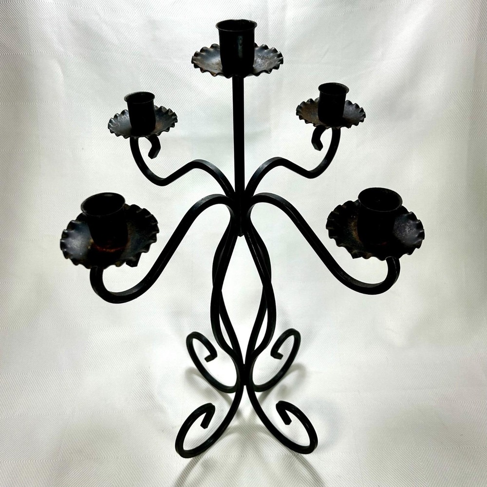 VTG Wrought Iron 5-Arm Candelabra Candlestick Holder Rustic Gothic Medieval